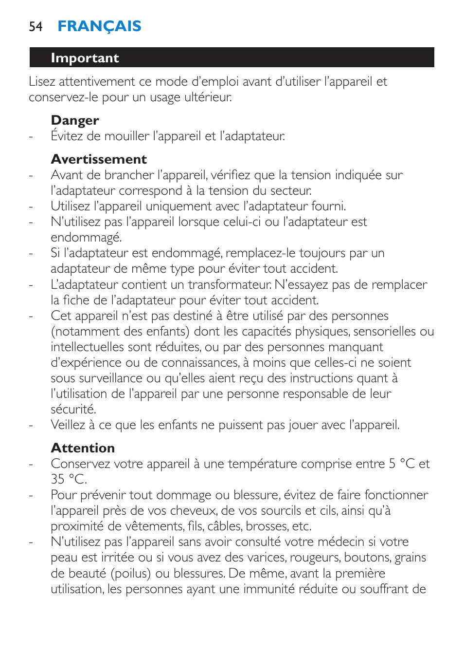 Danger, Avertissement, Attention | Important | Philips Satinelle Epilierer User Manual | Page 54 / 120