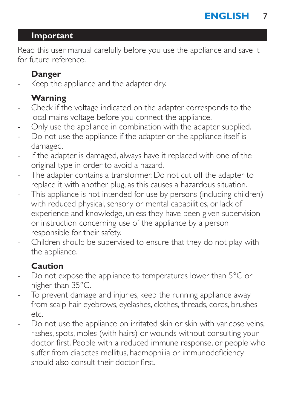 Important, Danger, Warning | Caution | Philips Satinelle Epilierer User Manual | Page 7 / 120