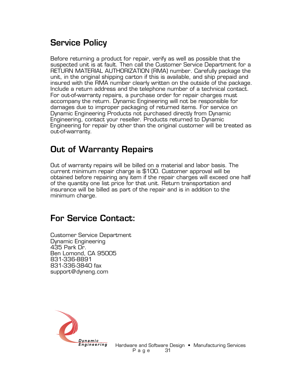 Service policy, Out of warranty repairs, For service contact | American Dynamics PMC-4U-CACI User Manual | Page 31 / 33