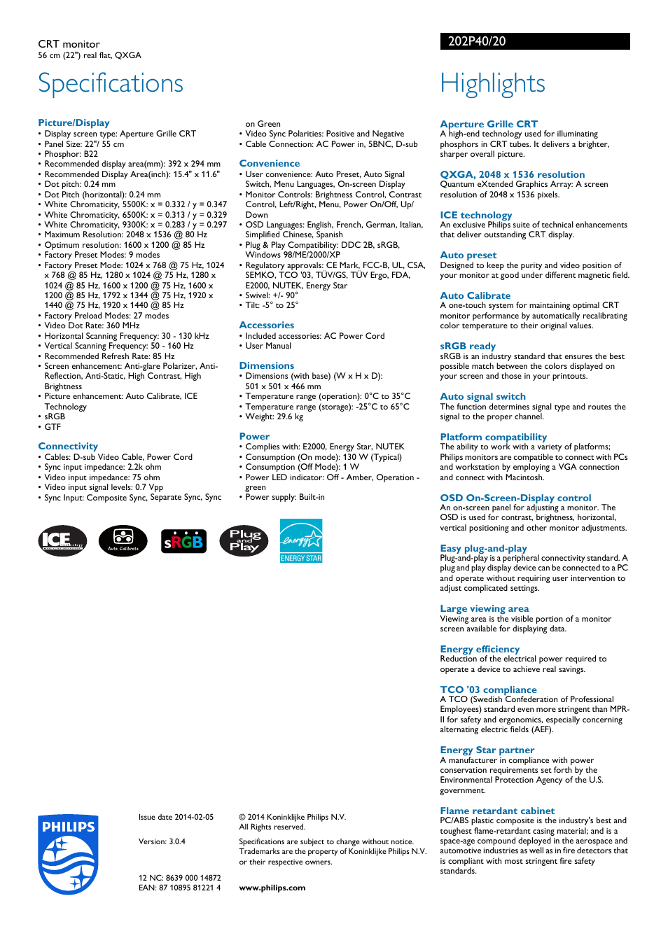 Specifications, Highlights | Philips CRT-Monitor User Manual | Page 2 / 2
