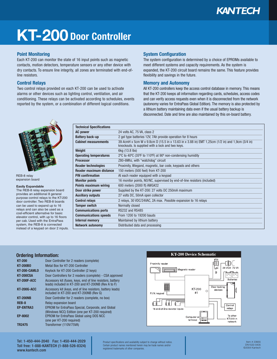 Kt-200, Door controller, Point monitoring | Control relays, System configuration, Ordering information | Kantech KT-200 User Manual | Page 2 / 2