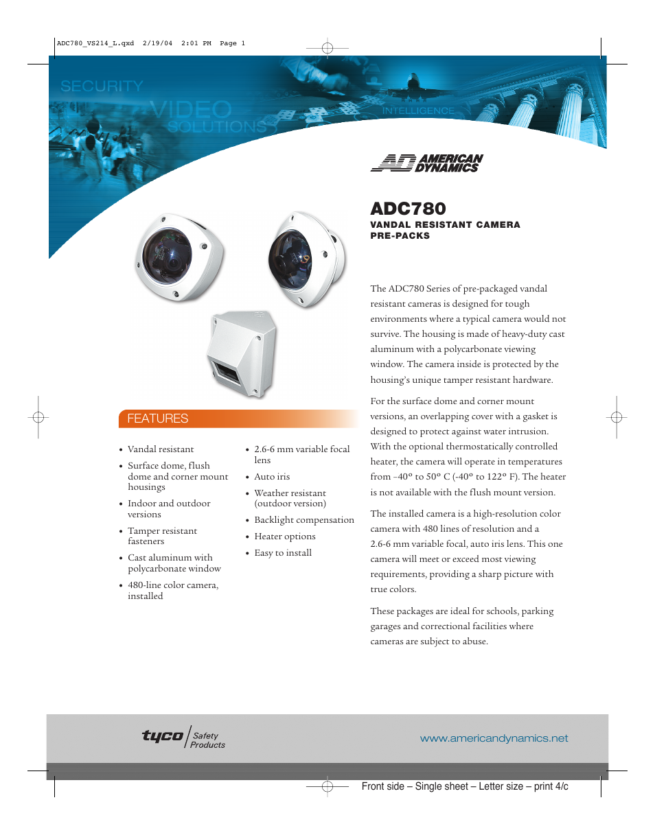 American Dynamics Tyco ADC780 User Manual | 2 pages