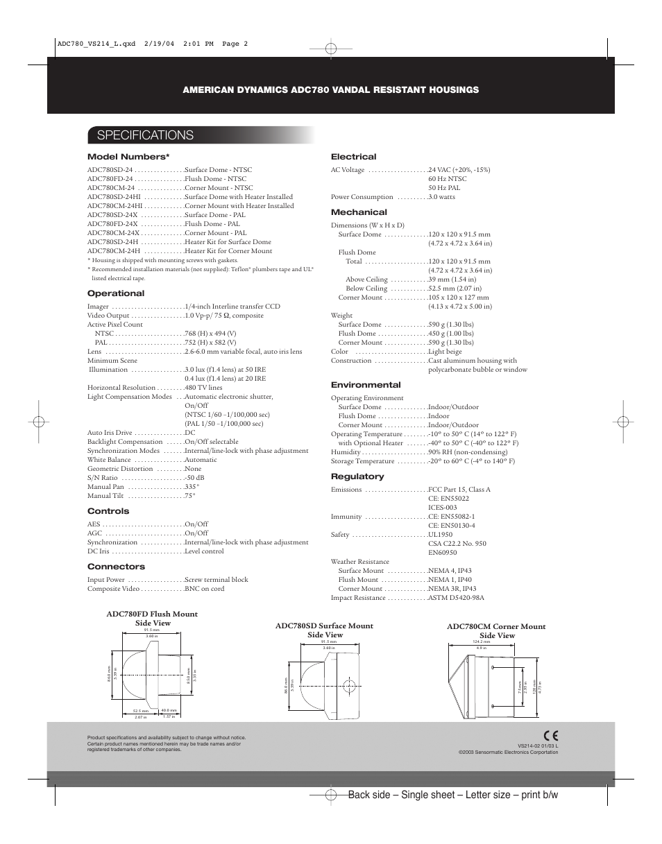 Specifications, Back side – single sheet – letter size – print b/w | American Dynamics Tyco ADC780 User Manual | Page 2 / 2