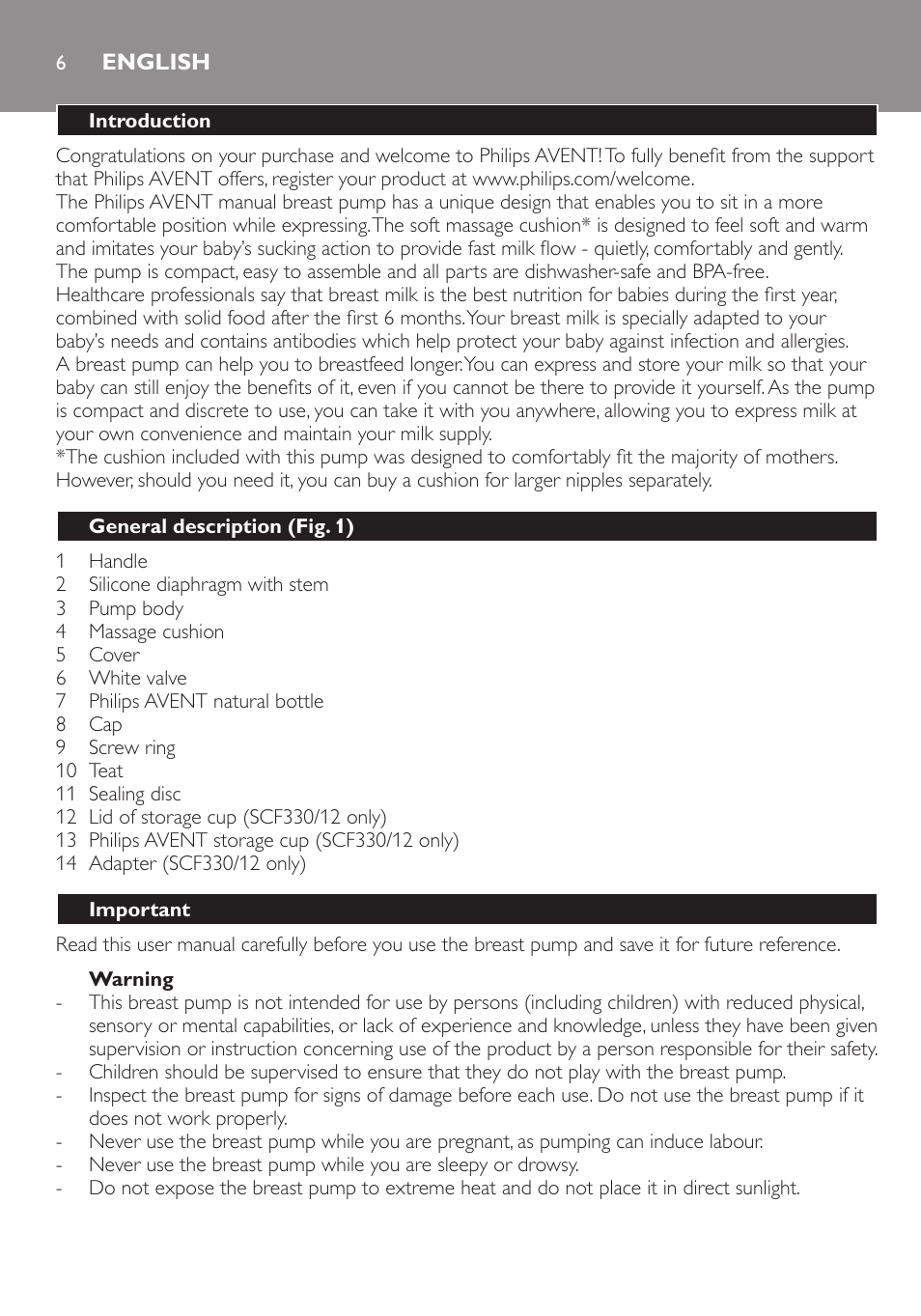 English, English 6 | Philips AVENT Komfort-Handmilchpumpe User Manual | Page 6 / 92