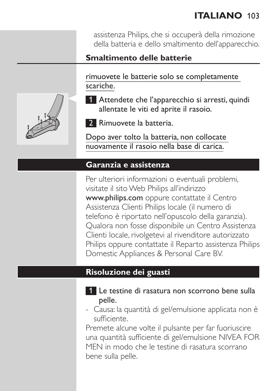 Smaltimento delle batterie, Garanzia e assistenza, Risoluzione dei guasti | Philips NIVEA FOR MEN Rasierer User Manual | Page 101 / 168