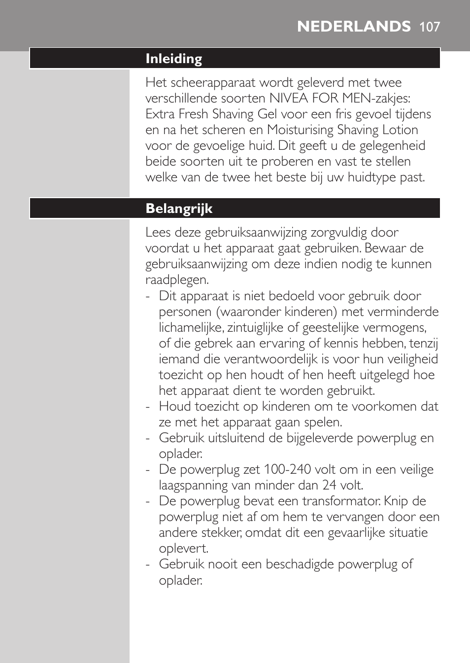 Nederlands, Inleiding, Belangrijk | Philips NIVEA FOR MEN Rasierer User Manual | Page 105 / 168