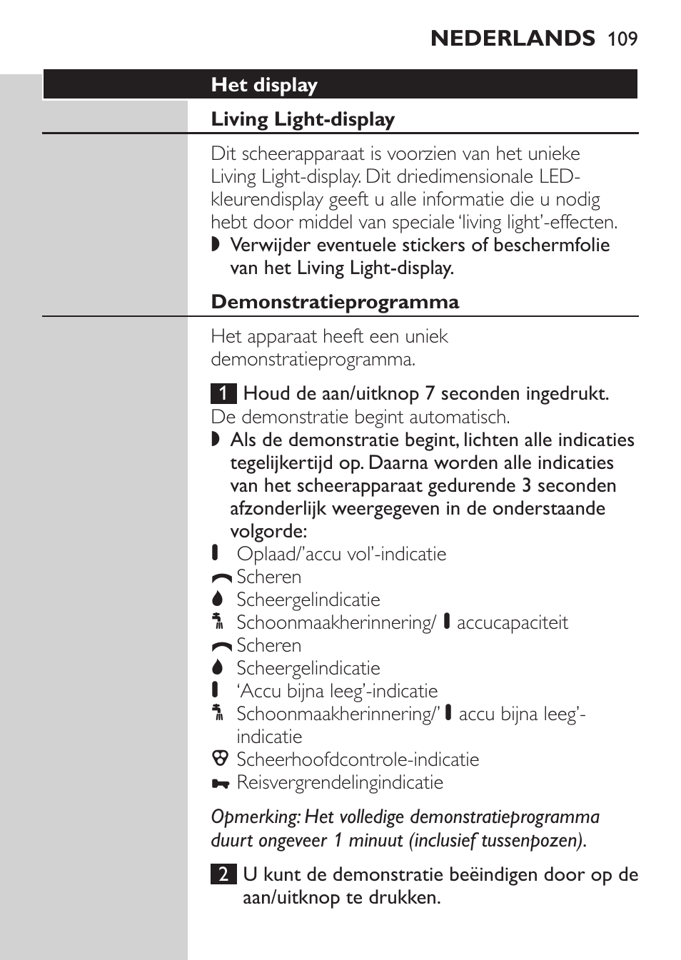 Het display, Living light-display, Demonstratieprogramma | Philips NIVEA FOR MEN Rasierer User Manual | Page 107 / 168