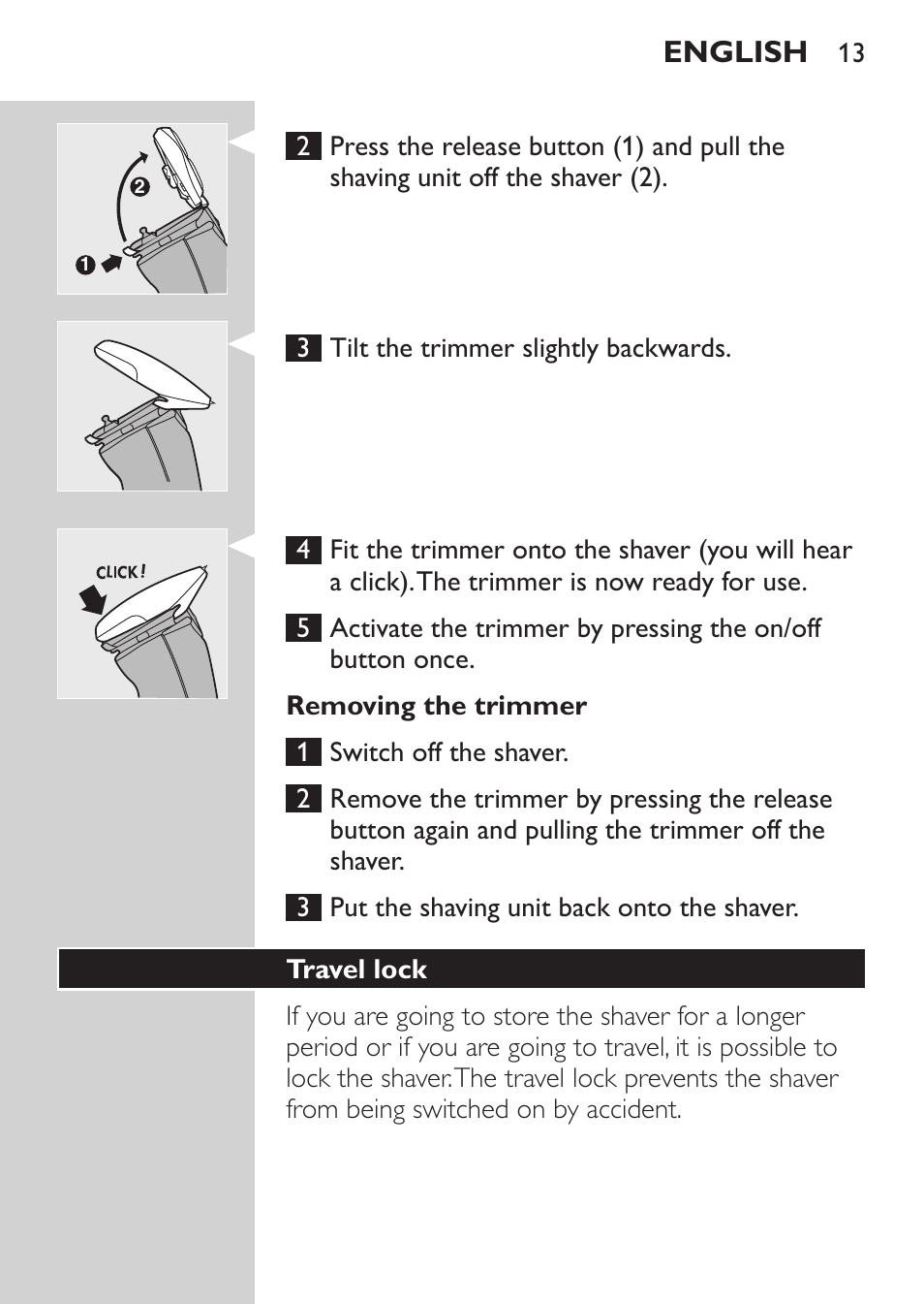Removing the trimmer, Travel lock, English | Philips NIVEA FOR MEN Rasierer User Manual | Page 11 / 168