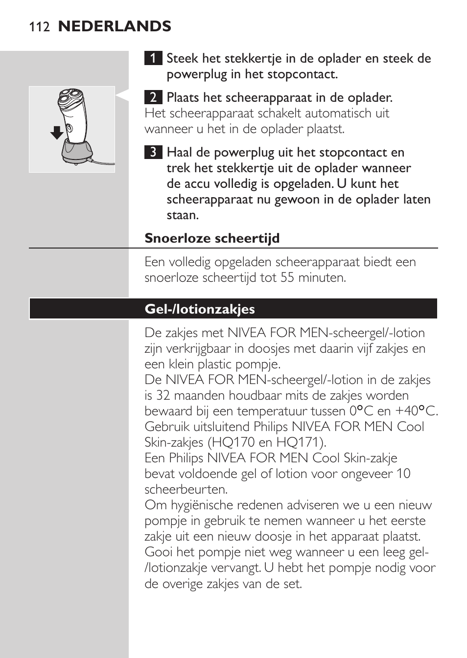 Snoerloze scheertijd, Gel-/lotionzakjes | Philips NIVEA FOR MEN Rasierer User Manual | Page 110 / 168