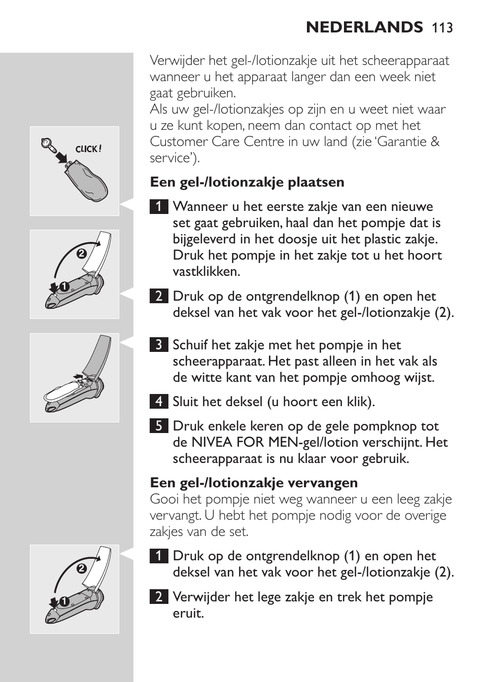 Een gel-/lotionzakje plaatsen, Een gel-/lotionzakje vervangen, Nederlands | Philips NIVEA FOR MEN Rasierer User Manual | Page 111 / 168