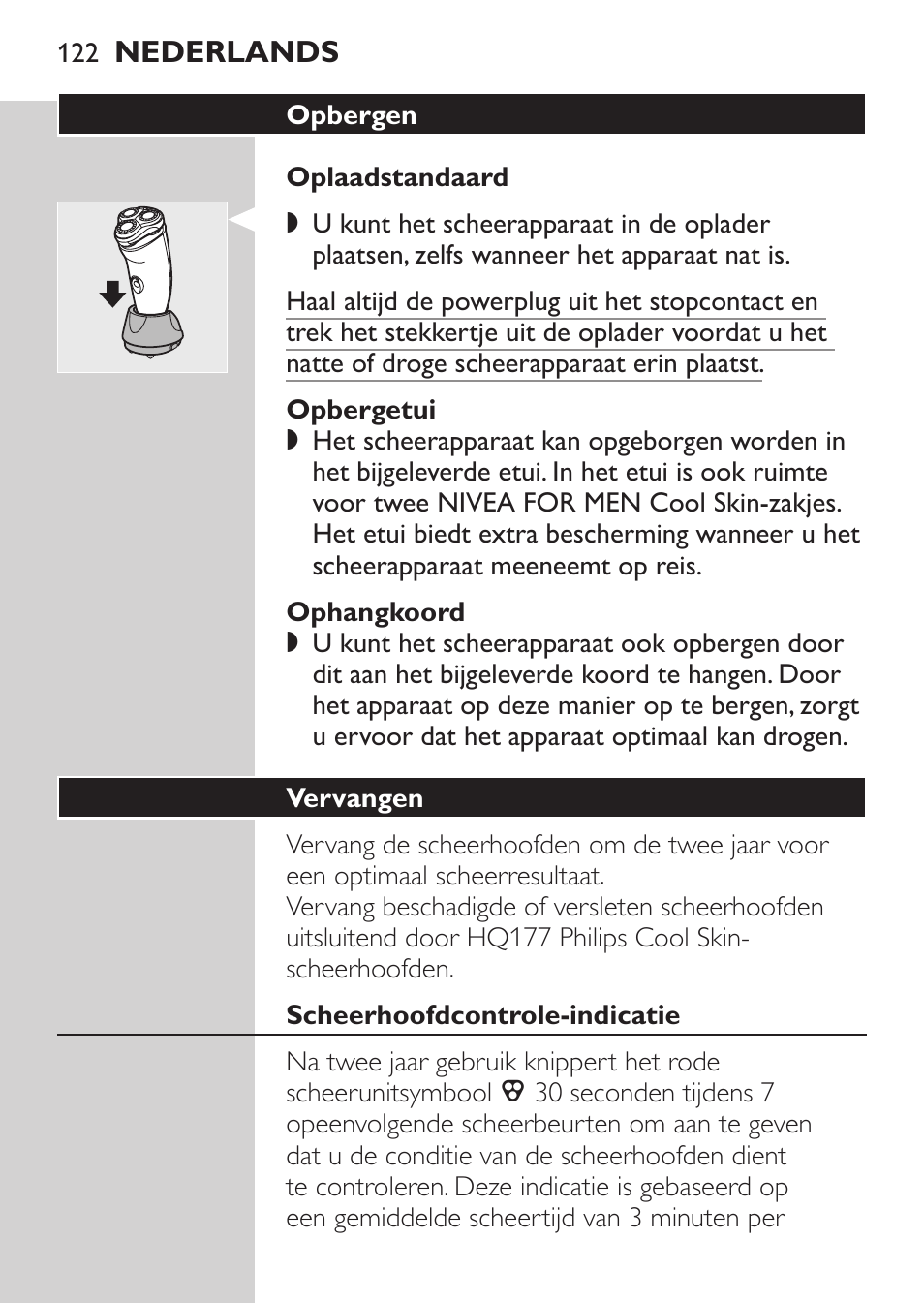 Opbergetui, Ophangkoord, Vervangen | Scheerhoofdcontrole-indicatie | Philips NIVEA FOR MEN Rasierer User Manual | Page 120 / 168