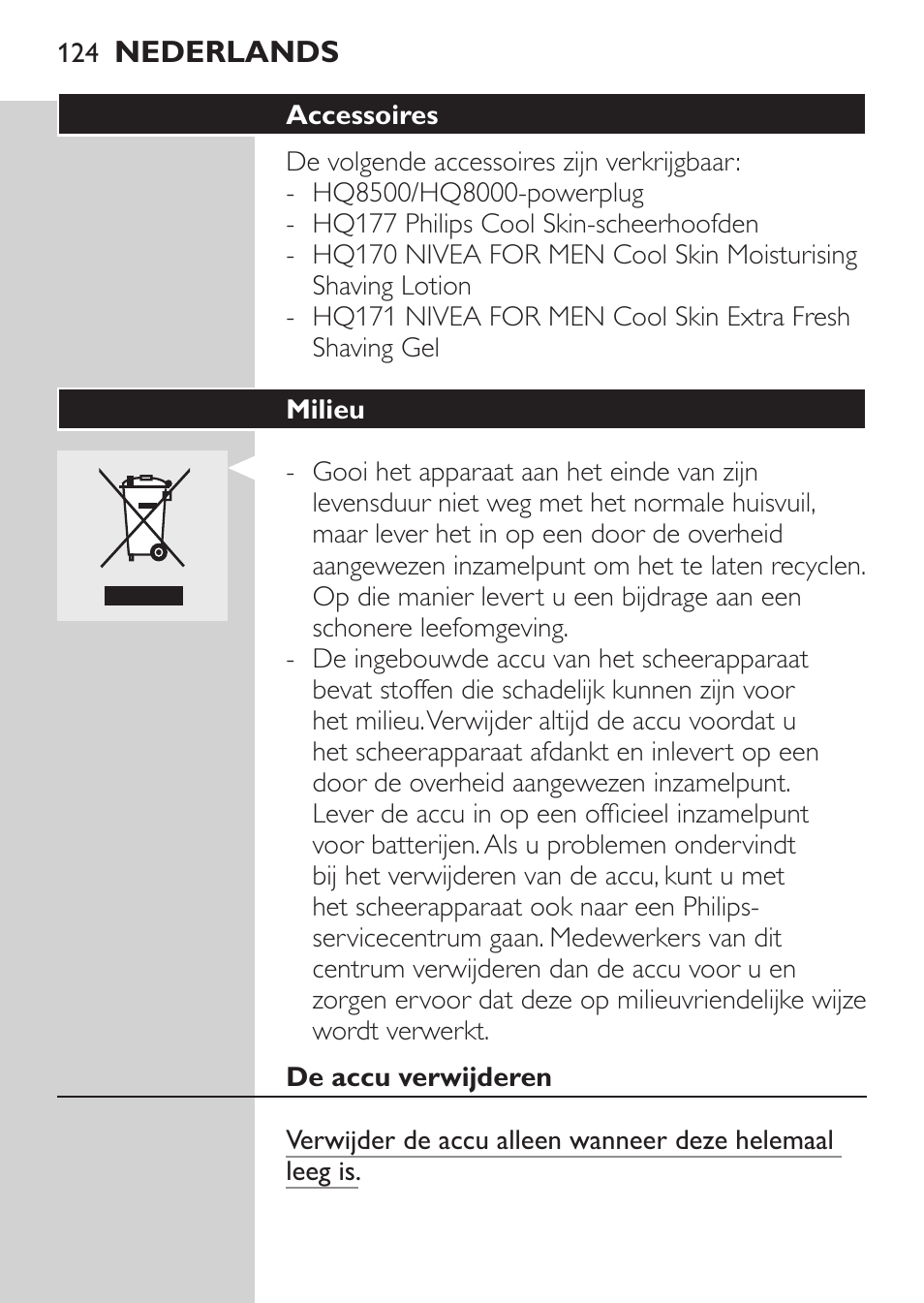Accessoires, Milieu, De accu verwijderen | Philips NIVEA FOR MEN Rasierer User Manual | Page 122 / 168