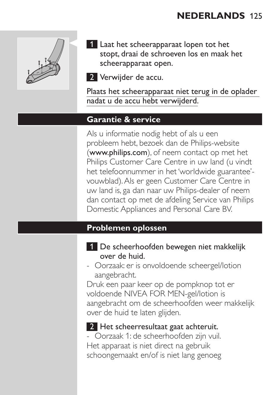 Garantie & service, Problemen oplossen | Philips NIVEA FOR MEN Rasierer User Manual | Page 123 / 168