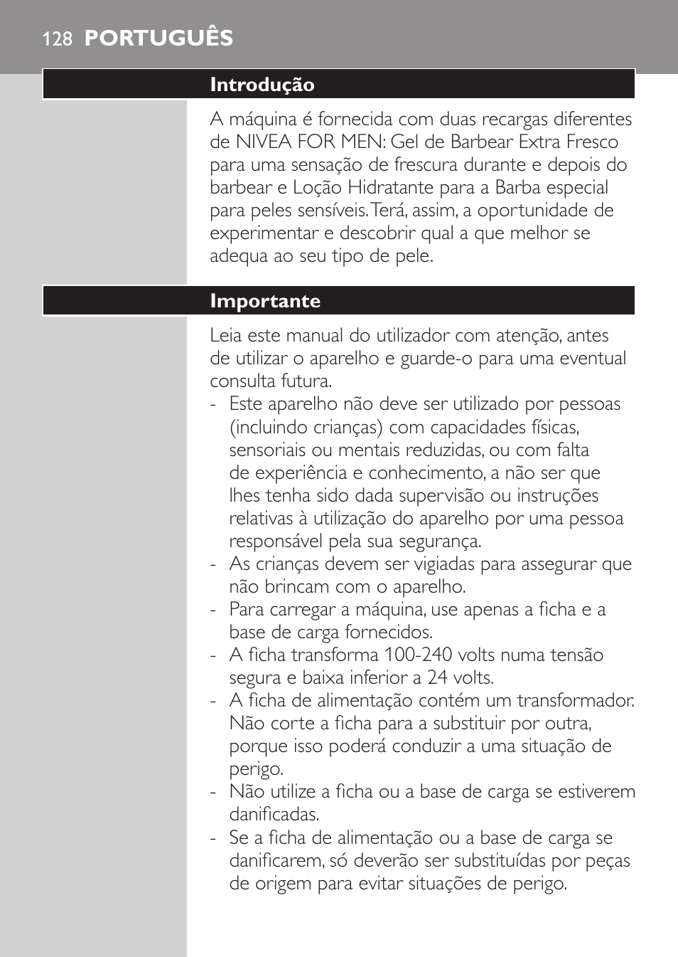 Português, Introdução, Importante | Philips NIVEA FOR MEN Rasierer User Manual | Page 126 / 168