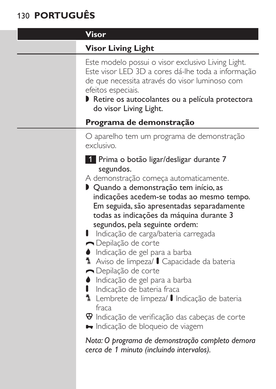 Visor, Visor living light, Programa de demonstração | Philips NIVEA FOR MEN Rasierer User Manual | Page 128 / 168