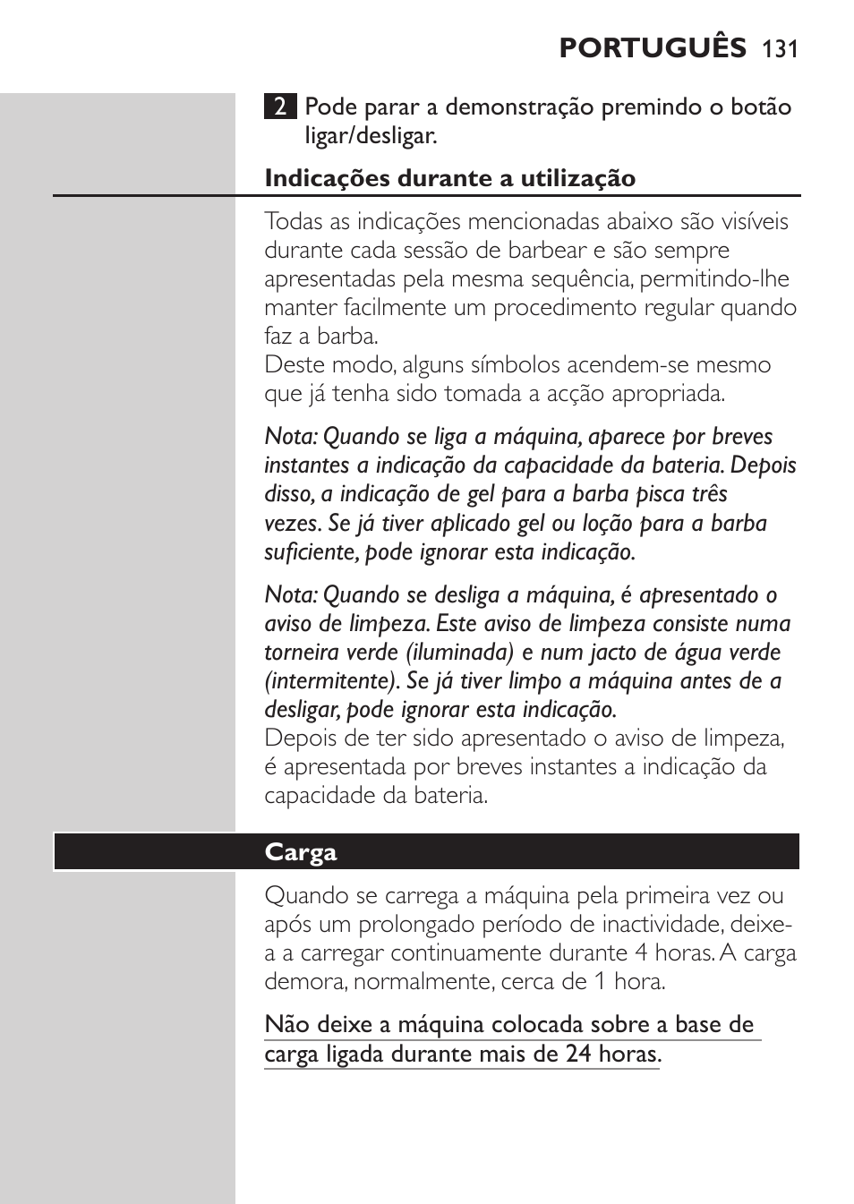 Indicações durante a utilização, Carga | Philips NIVEA FOR MEN Rasierer User Manual | Page 129 / 168