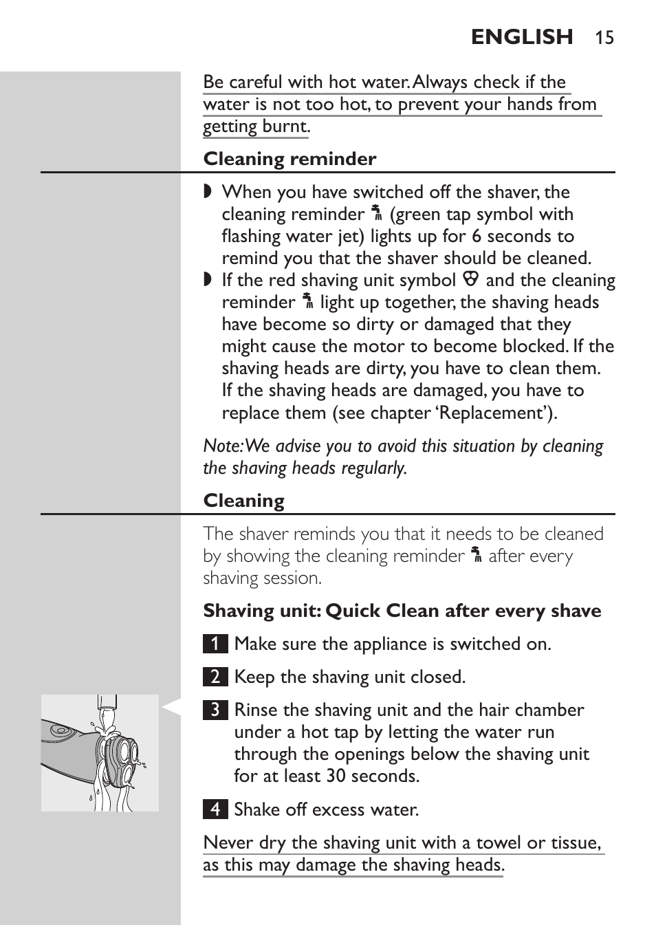 Cleaning reminder, Cleaning, Shaving unit: quick clean after every shave | Philips NIVEA FOR MEN Rasierer User Manual | Page 13 / 168