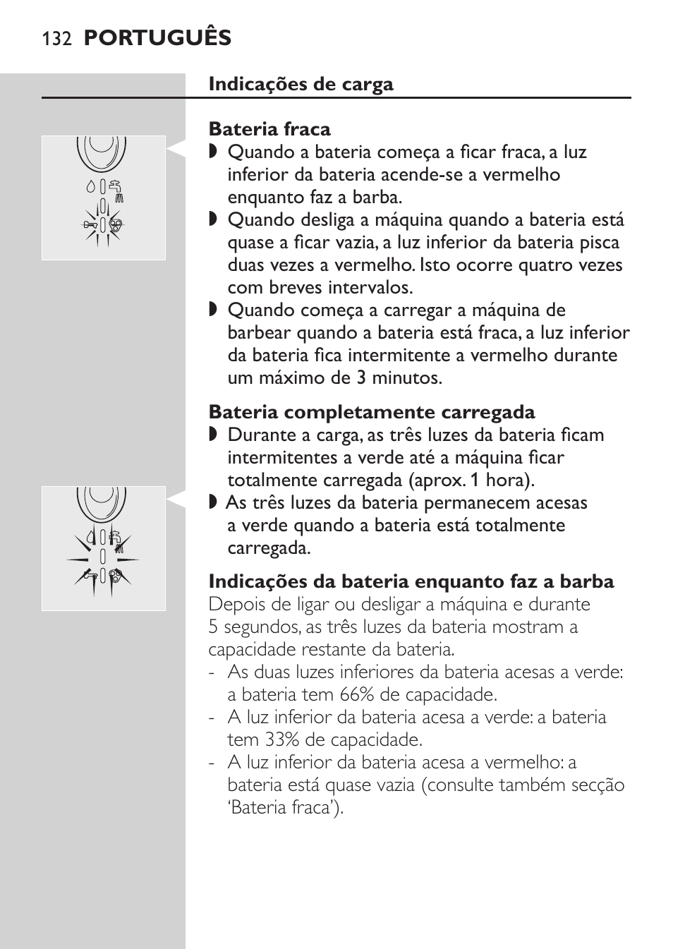 Indicações de carga, Bateria fraca, Bateria completamente carregada | Indicações da bateria enquanto faz a barba | Philips NIVEA FOR MEN Rasierer User Manual | Page 130 / 168