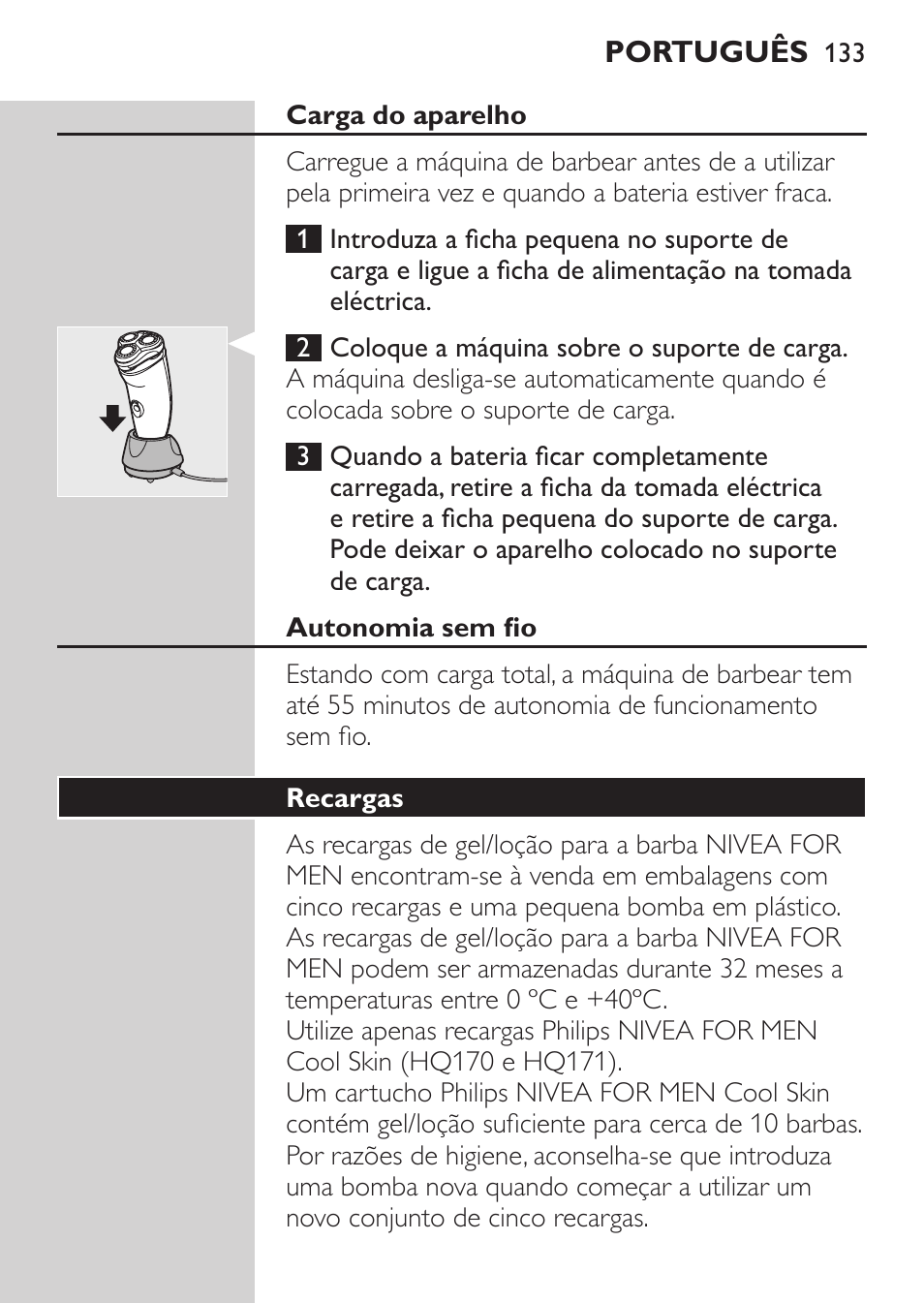 Carga do aparelho, Autonomia sem fio, Recargas | Philips NIVEA FOR MEN Rasierer User Manual | Page 131 / 168