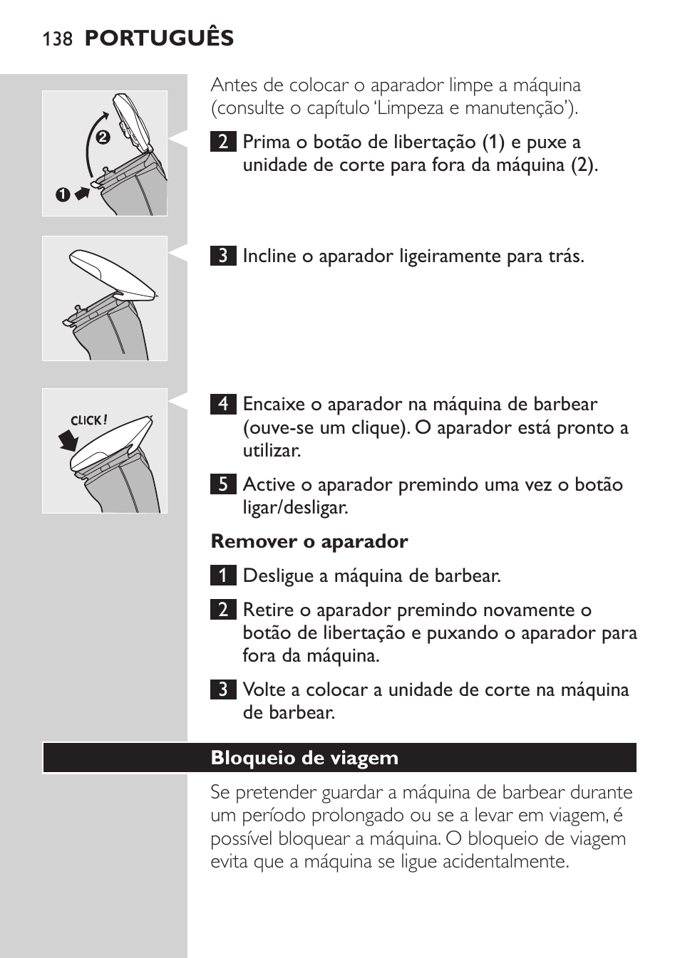 Remover o aparador, Bloqueio de viagem, Português | Philips NIVEA FOR MEN Rasierer User Manual | Page 136 / 168