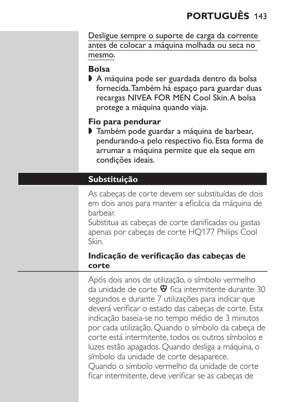 Fio para pendurar, Substituição, Indicação de verificação das cabeças de corte | Substituição das cabeças de corte | Philips NIVEA FOR MEN Rasierer User Manual | Page 141 / 168
