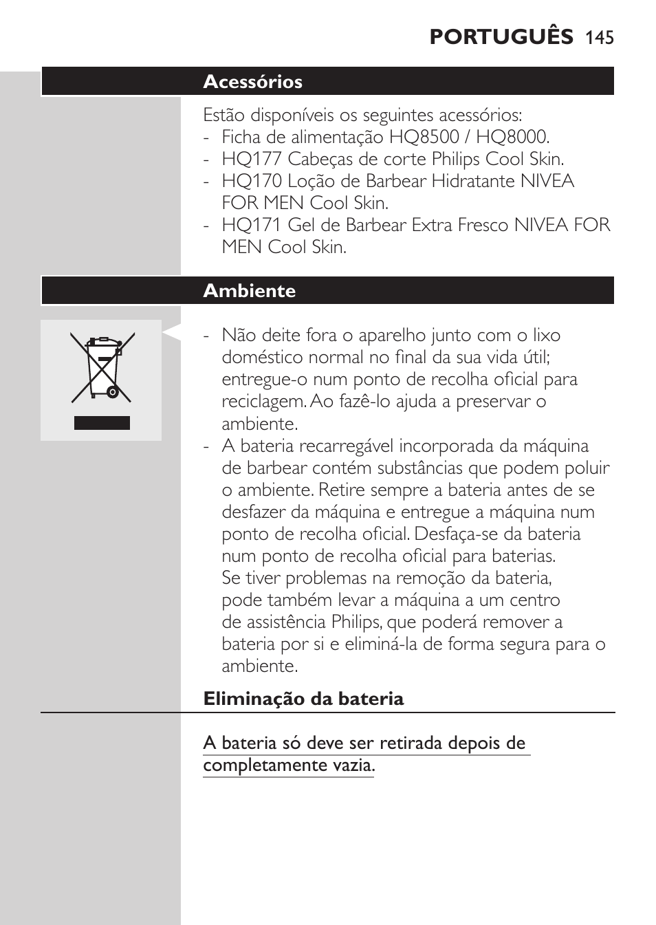 Ambiente, Eliminação da bateria, Garantia e assistência | Philips NIVEA FOR MEN Rasierer User Manual | Page 143 / 168