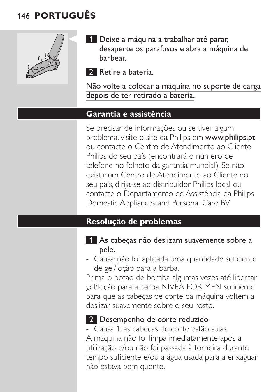 Resolução de problemas | Philips NIVEA FOR MEN Rasierer User Manual | Page 144 / 168