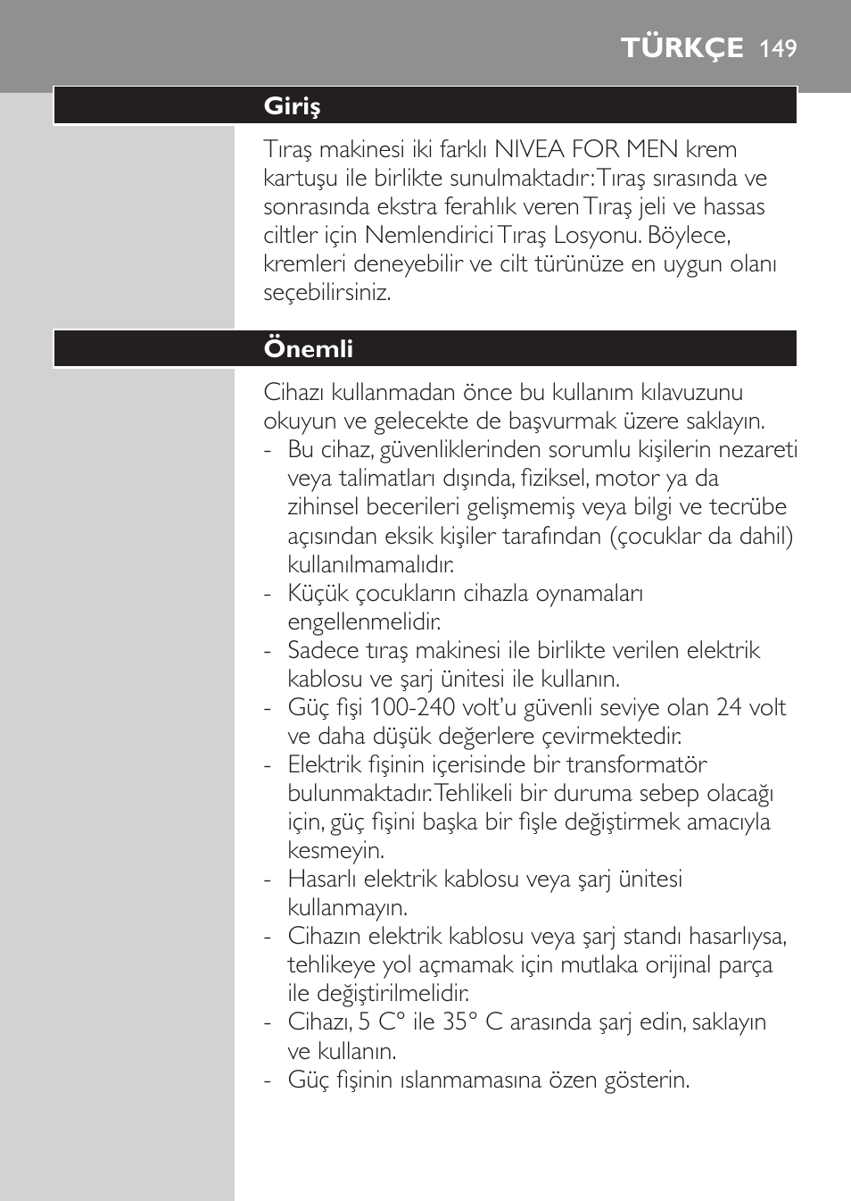 Türkçe, Giriş, Önemli | Philips NIVEA FOR MEN Rasierer User Manual | Page 147 / 168