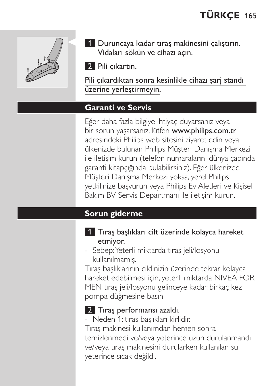 Garanti ve servis, Sorun giderme | Philips NIVEA FOR MEN Rasierer User Manual | Page 163 / 168