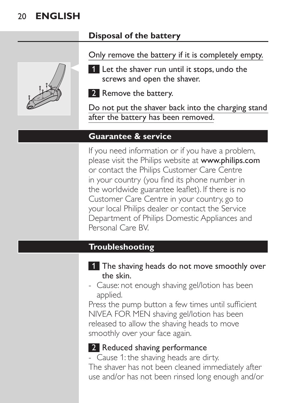 Guarantee & service, Troubleshooting | Philips NIVEA FOR MEN Rasierer User Manual | Page 18 / 168