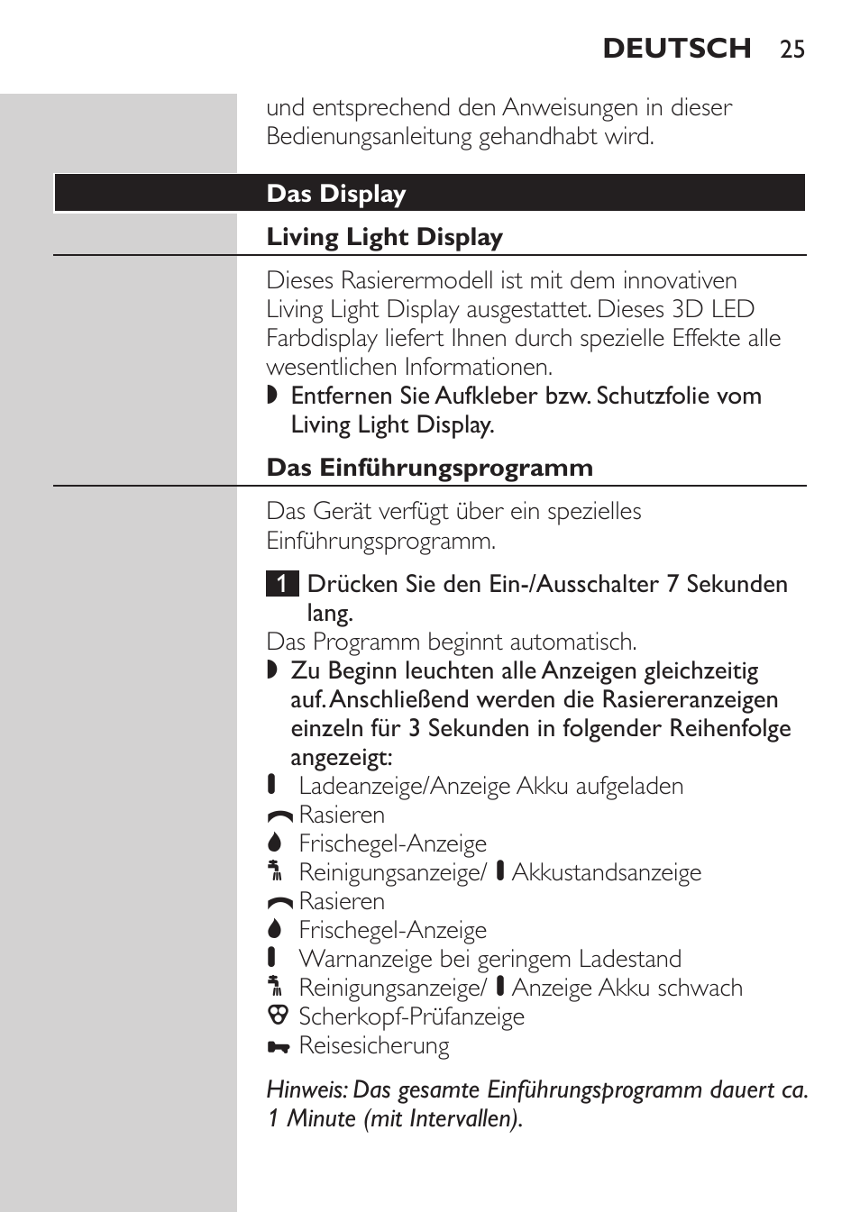 Das display, Living light display, Das einführungsprogramm | Philips NIVEA FOR MEN Rasierer User Manual | Page 23 / 168