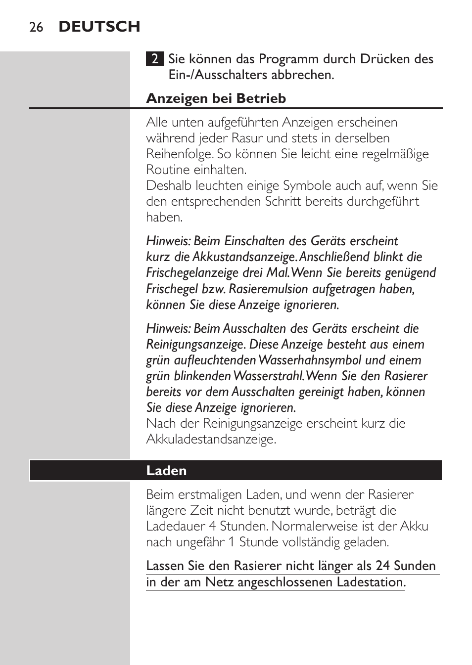 Anzeigen bei betrieb, Laden | Philips NIVEA FOR MEN Rasierer User Manual | Page 24 / 168