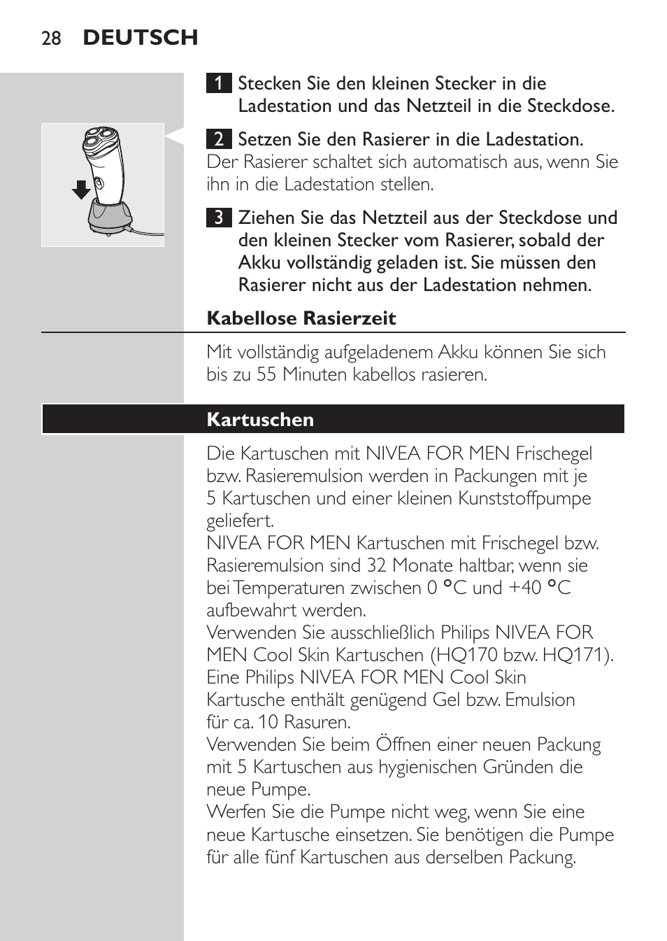Kabellose rasierzeit, Kartuschen | Philips NIVEA FOR MEN Rasierer User Manual | Page 26 / 168