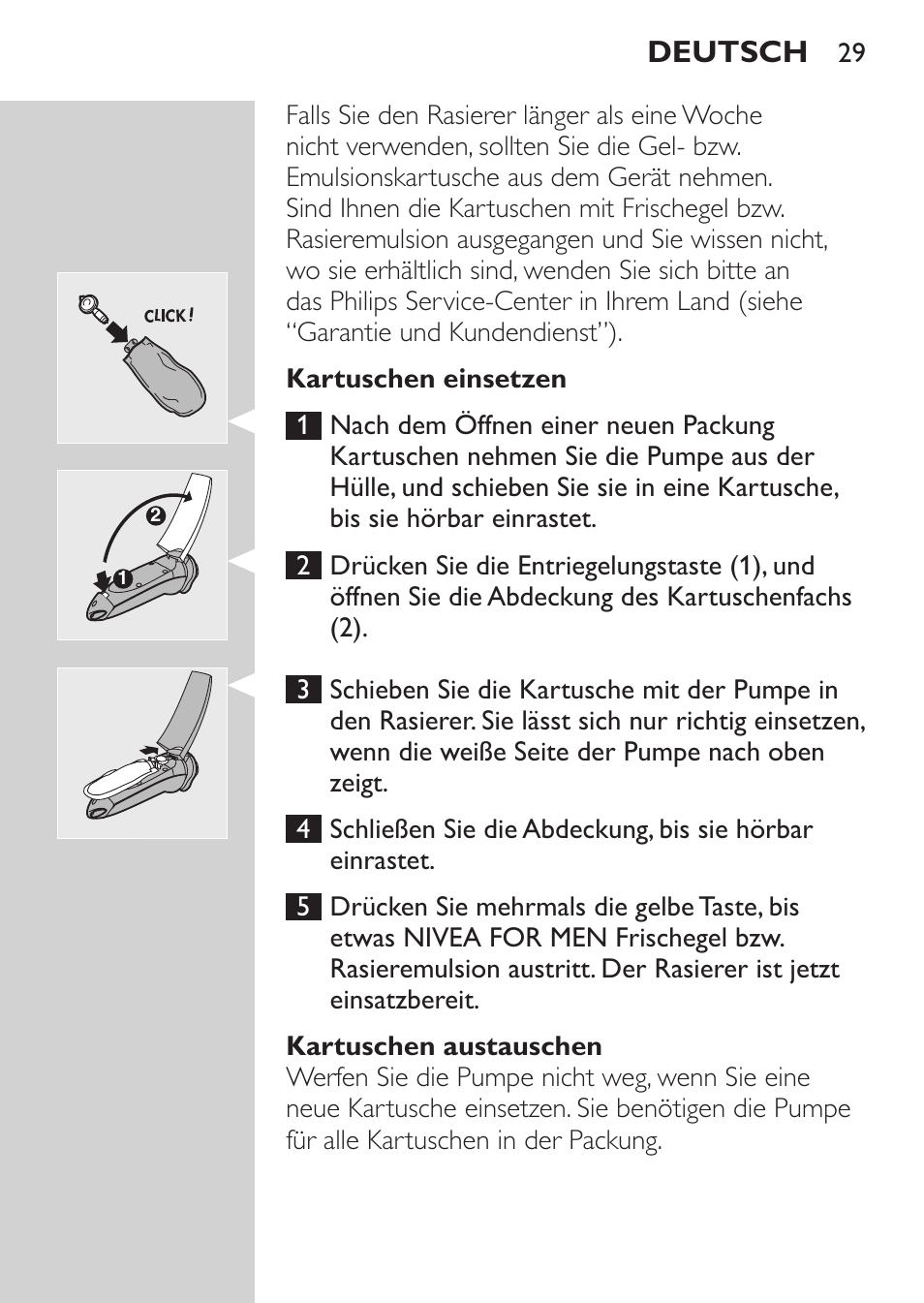 Kartuschen einsetzen, Kartuschen austauschen, Deutsch | Philips NIVEA FOR MEN Rasierer User Manual | Page 27 / 168