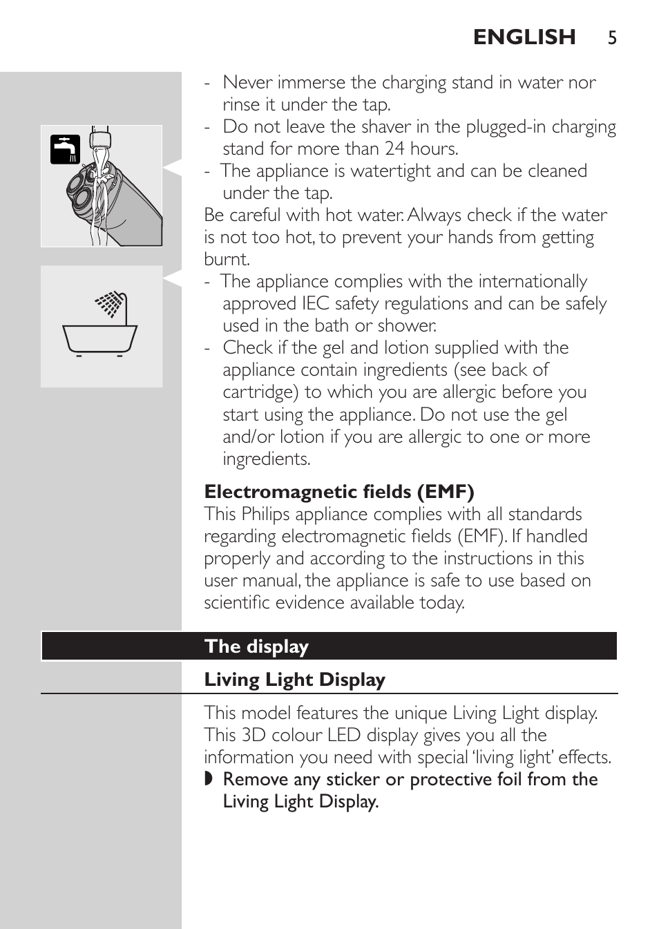 Electromagnetic fields (emf), The display, Living light display | Philips NIVEA FOR MEN Rasierer User Manual | Page 3 / 168