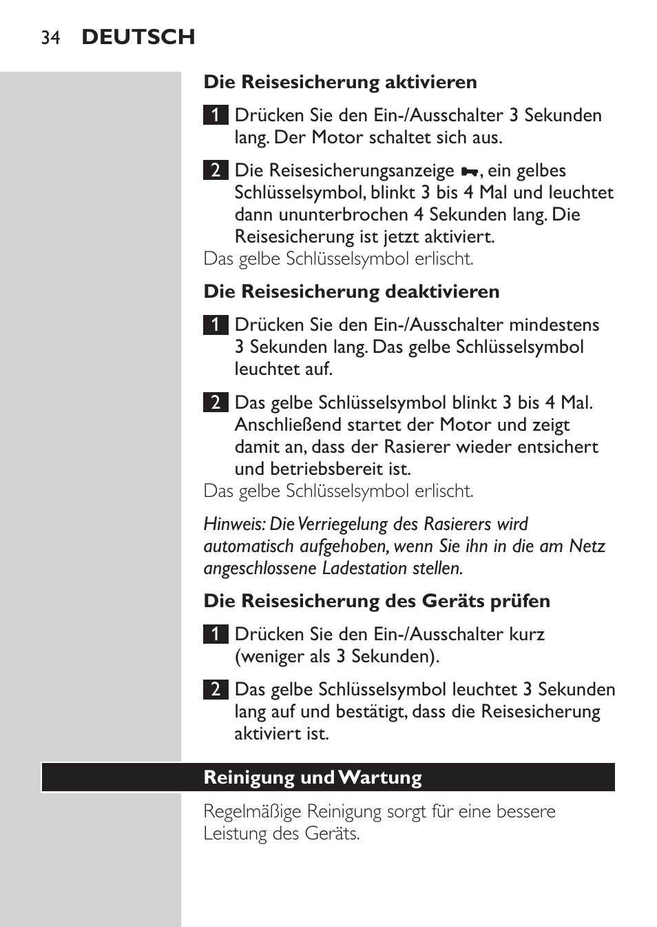 Die reisesicherung aktivieren, Die reisesicherung deaktivieren, Die reisesicherung des geräts prüfen | Reinigung und wartung | Philips NIVEA FOR MEN Rasierer User Manual | Page 32 / 168