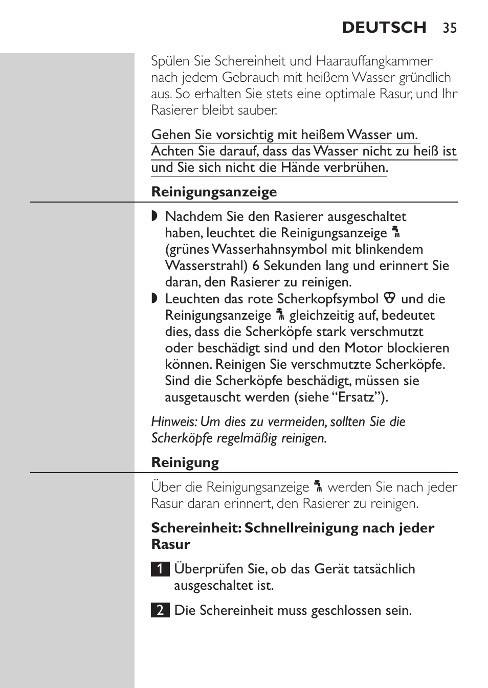 Reinigungsanzeige, Reinigung, Schereinheit: schnellreinigung nach jeder rasur | Philips NIVEA FOR MEN Rasierer User Manual | Page 33 / 168