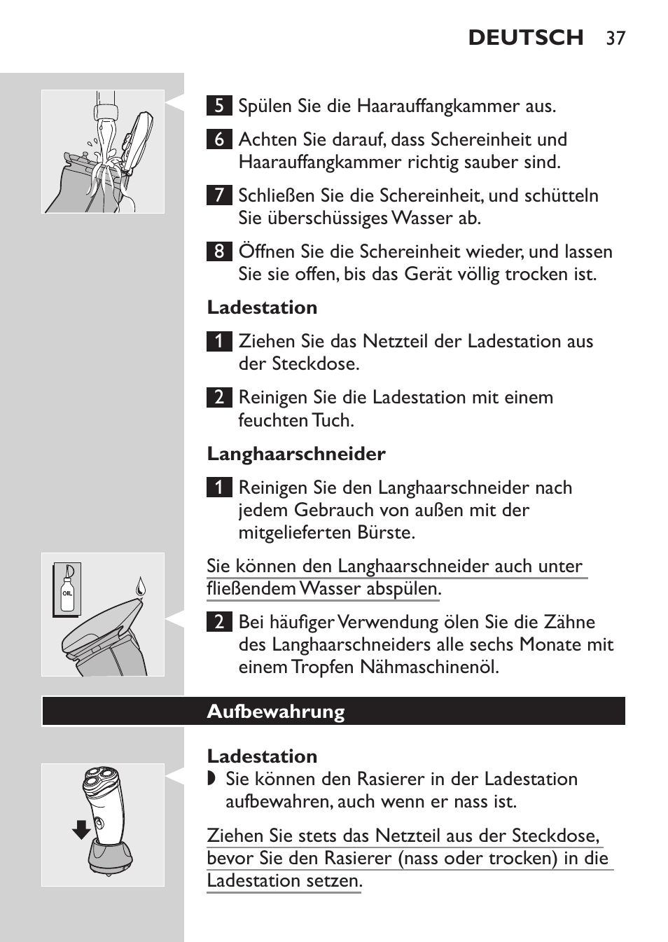 Ladestation, Langhaarschneider, Aufbewahrung | Philips NIVEA FOR MEN Rasierer User Manual | Page 35 / 168