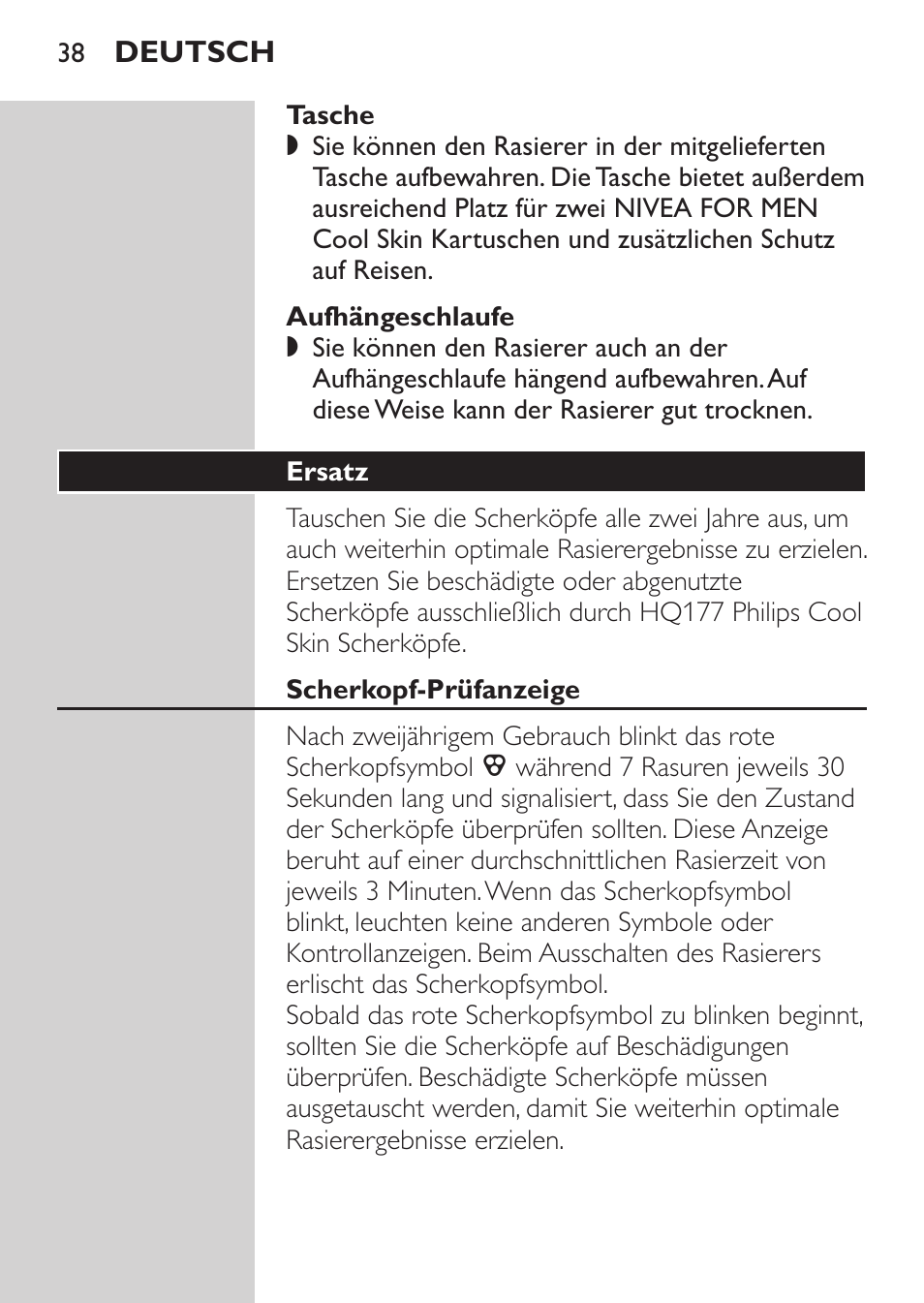 Tasche, Aufhängeschlaufe, Ersatz | Scherkopf-prüfanzeige | Philips NIVEA FOR MEN Rasierer User Manual | Page 36 / 168