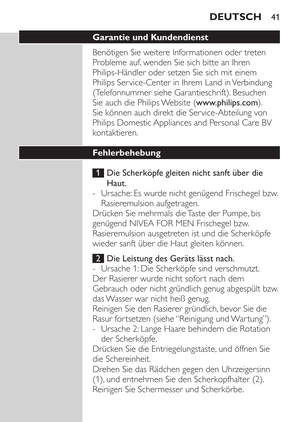 Fehlerbehebung | Philips NIVEA FOR MEN Rasierer User Manual | Page 39 / 168