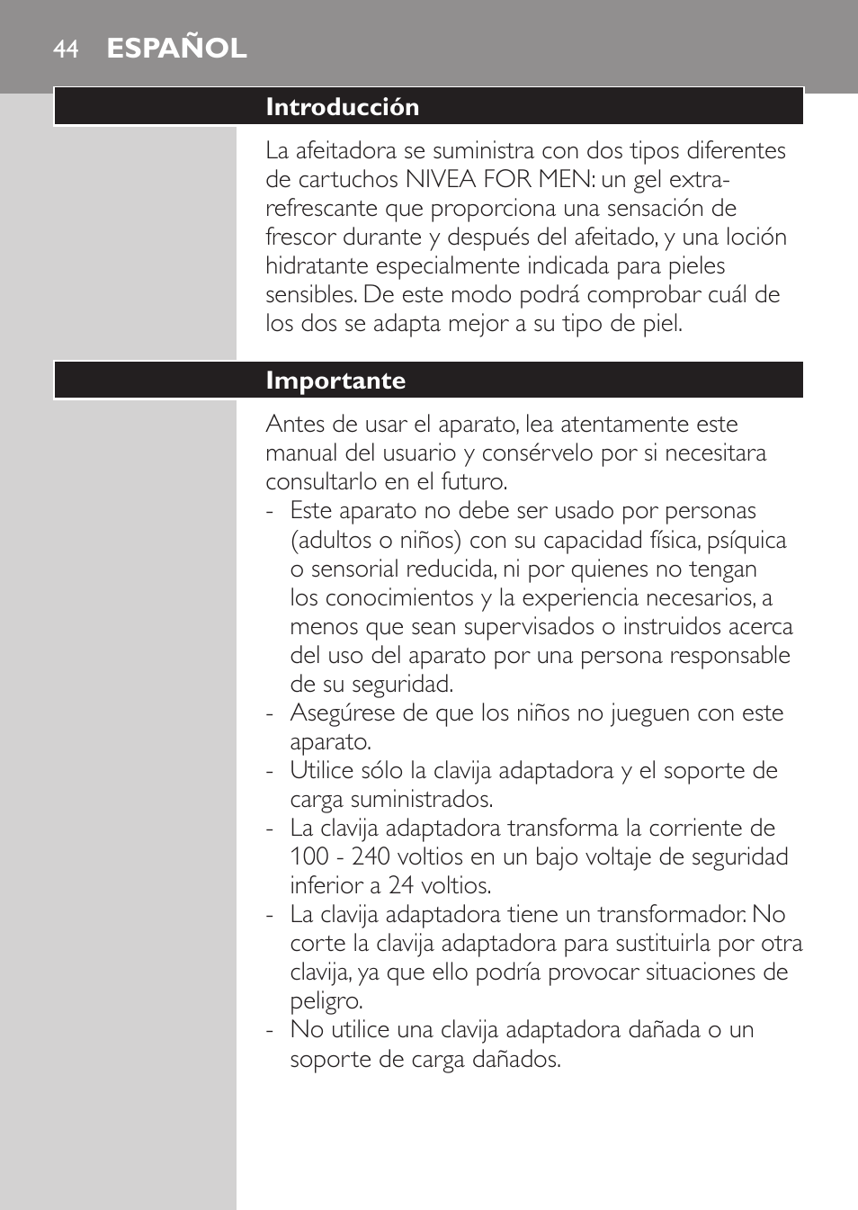 Español, Introducción, Importante | Philips NIVEA FOR MEN Rasierer User Manual | Page 42 / 168