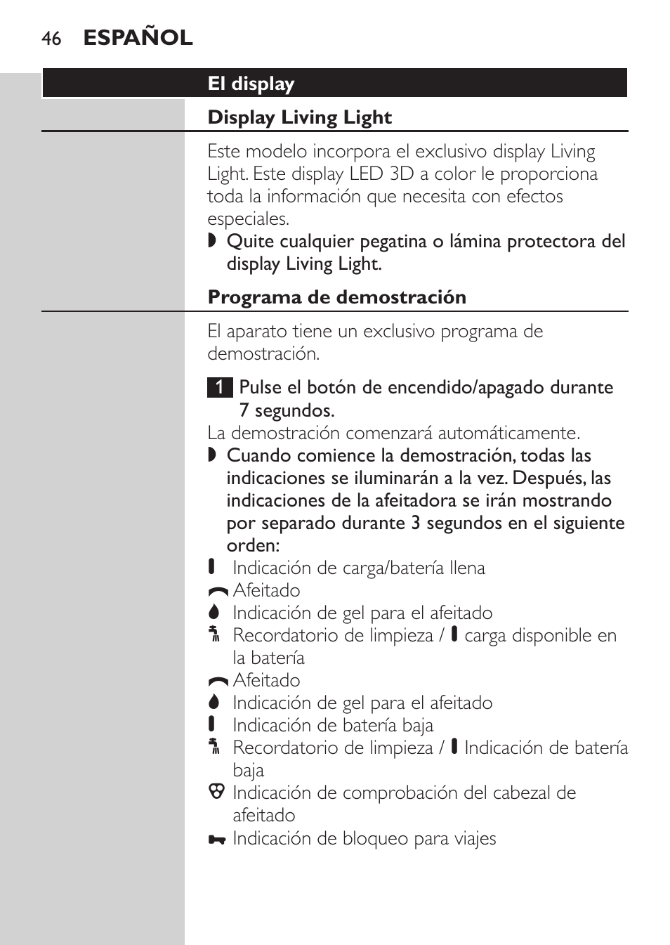 El display, Display living light, Programa de demostración | Philips NIVEA FOR MEN Rasierer User Manual | Page 44 / 168