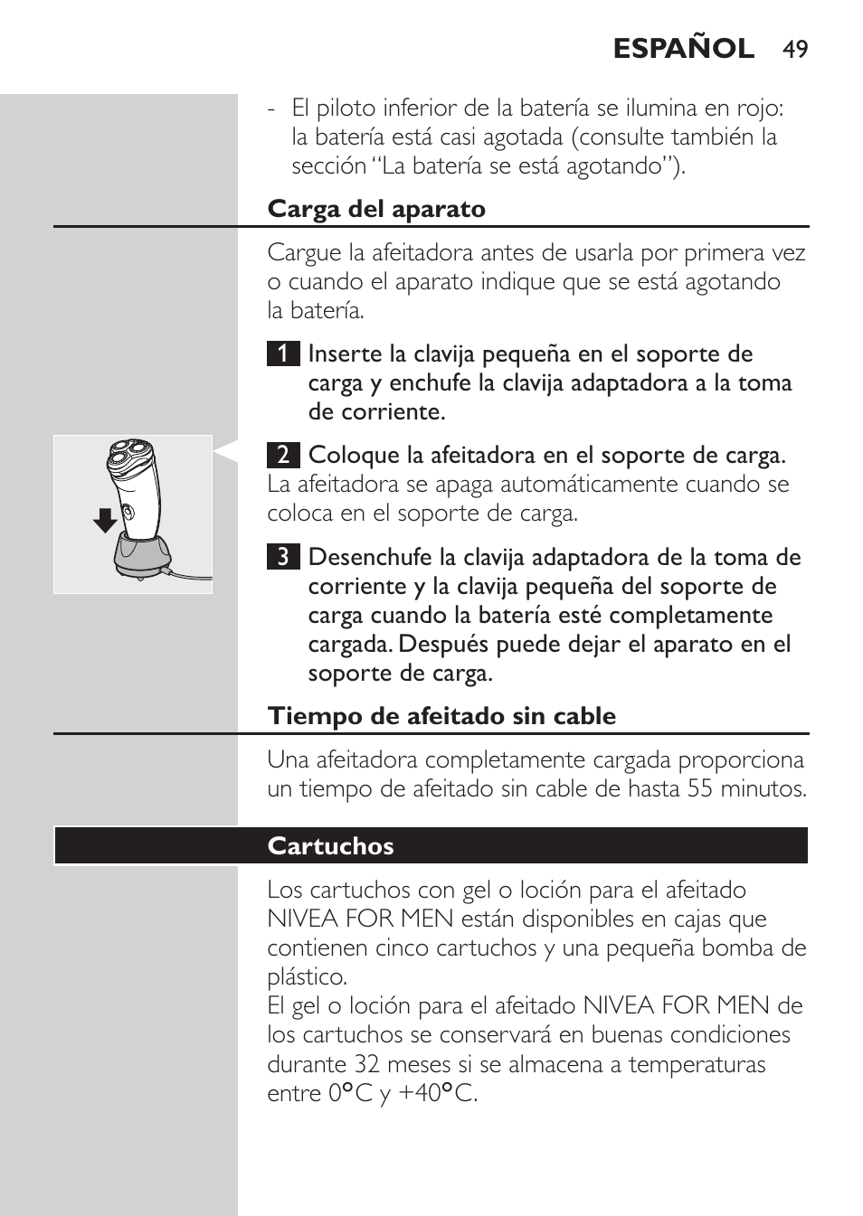 Carga del aparato, Tiempo de afeitado sin cable, Cartuchos | Philips NIVEA FOR MEN Rasierer User Manual | Page 47 / 168