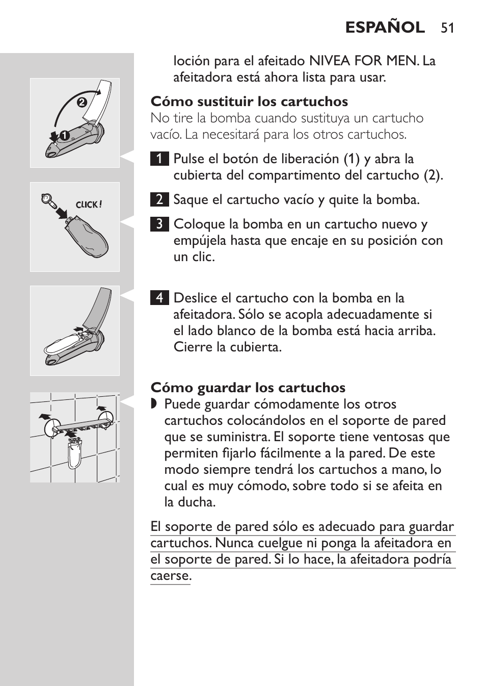 Cómo sustituir los cartuchos, Cómo guardar los cartuchos, Español | Philips NIVEA FOR MEN Rasierer User Manual | Page 49 / 168