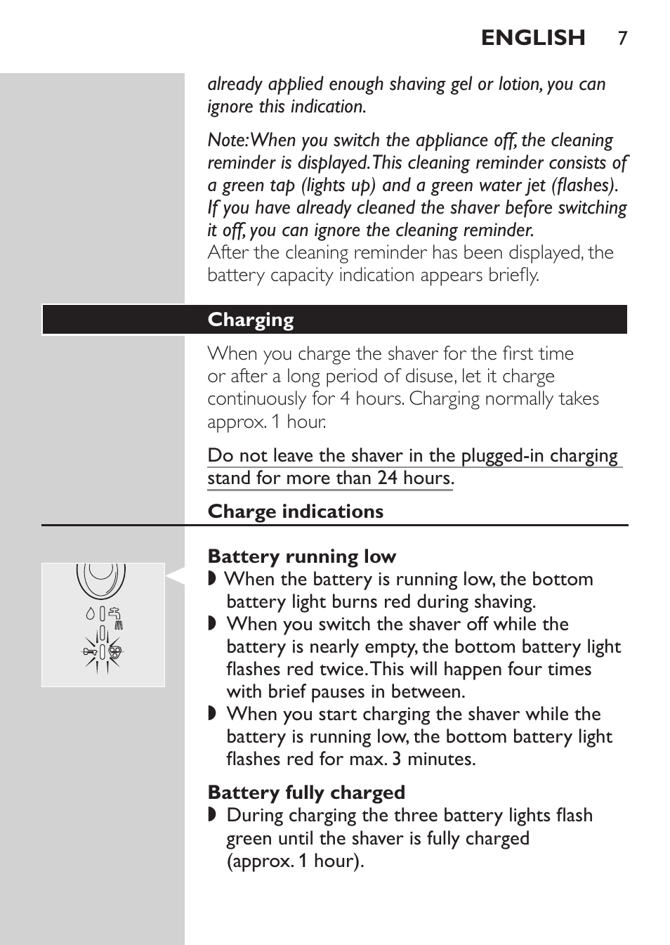 Charging, Charge indications, Battery running low | Battery fully charged | Philips NIVEA FOR MEN Rasierer User Manual | Page 5 / 168