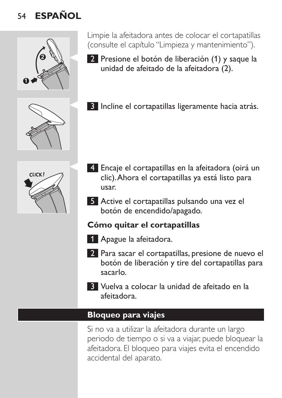 Cómo quitar el cortapatillas, Bloqueo para viajes, Español | Philips NIVEA FOR MEN Rasierer User Manual | Page 52 / 168