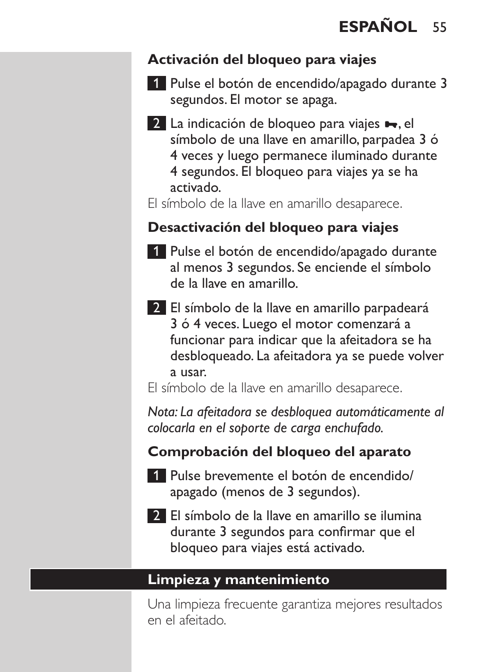 Activación del bloqueo para viajes, Desactivación del bloqueo para viajes, Comprobación del bloqueo del aparato | Limpieza y mantenimiento | Philips NIVEA FOR MEN Rasierer User Manual | Page 53 / 168