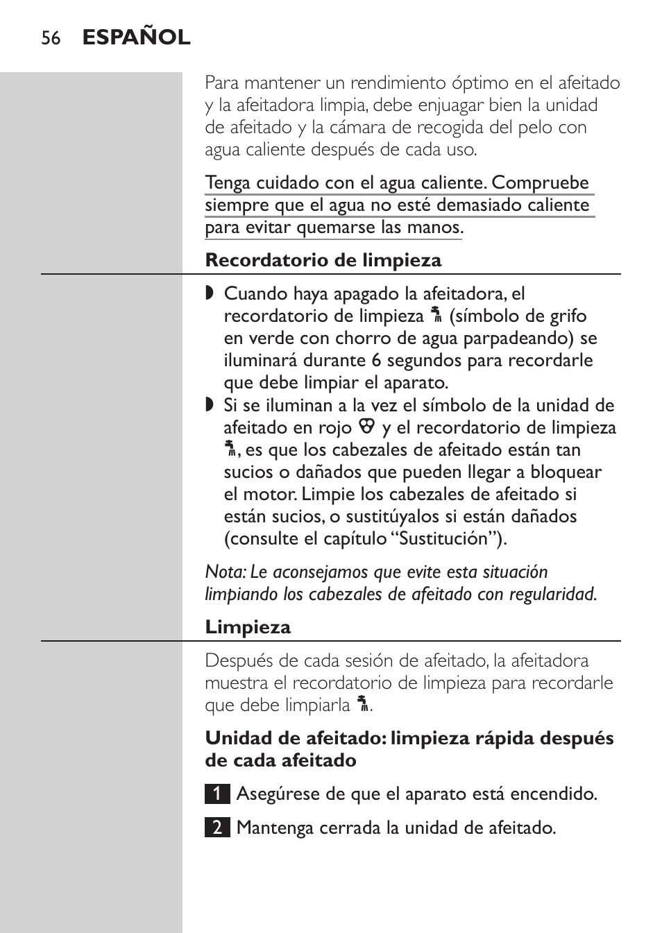 Recordatorio de limpieza, Limpieza | Philips NIVEA FOR MEN Rasierer User Manual | Page 54 / 168