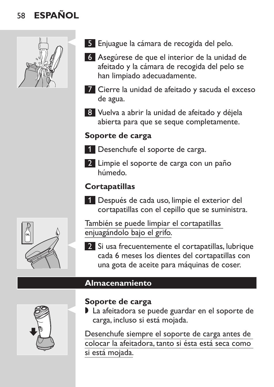 Soporte de carga, Cortapatillas, Almacenamiento | Philips NIVEA FOR MEN Rasierer User Manual | Page 56 / 168