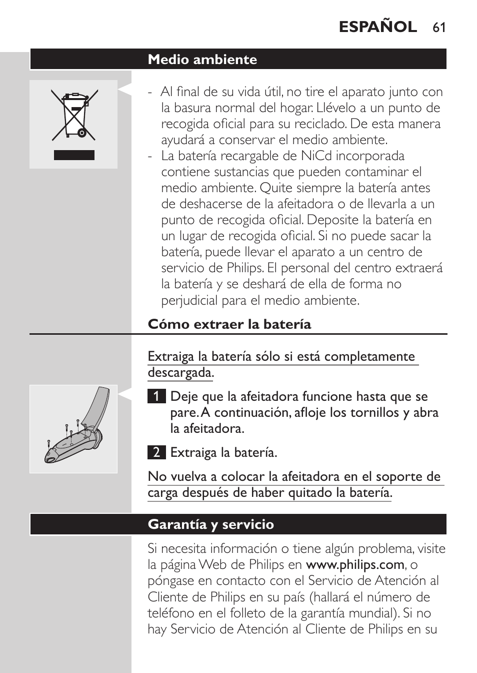 Medio ambiente, Cómo extraer la batería, Garantía y servicio | Philips NIVEA FOR MEN Rasierer User Manual | Page 59 / 168